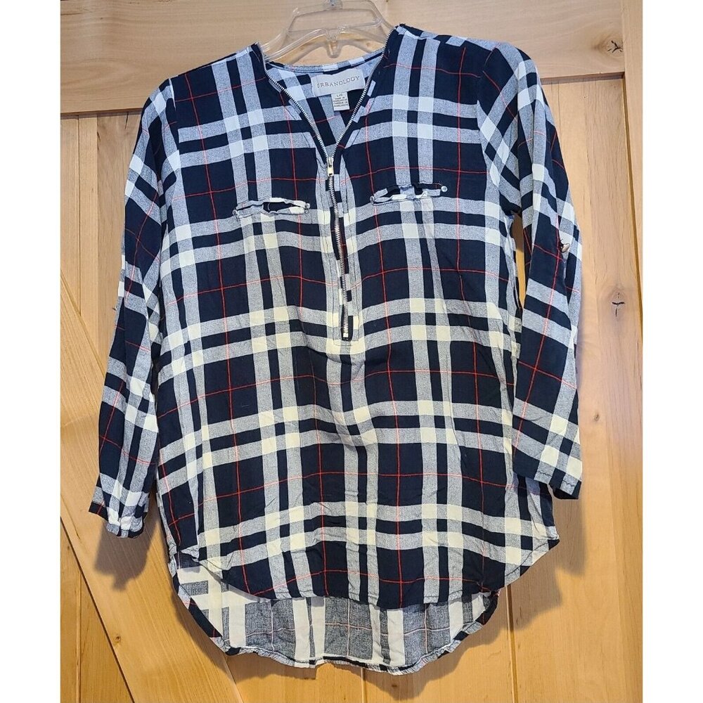 Urbanology 1/4 Zip Collar Tunic Popover Top Womens L Blue Plaid Unique Rayon